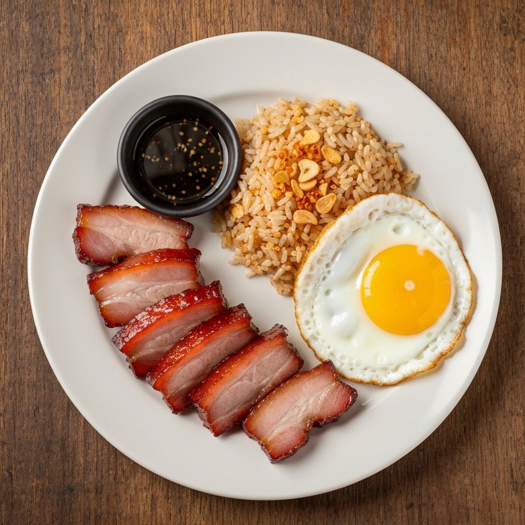 Filipino breakfast tocilog plate with sweet cured pork tocino, garlic fried rice, and fried egg at Quickly Benicia